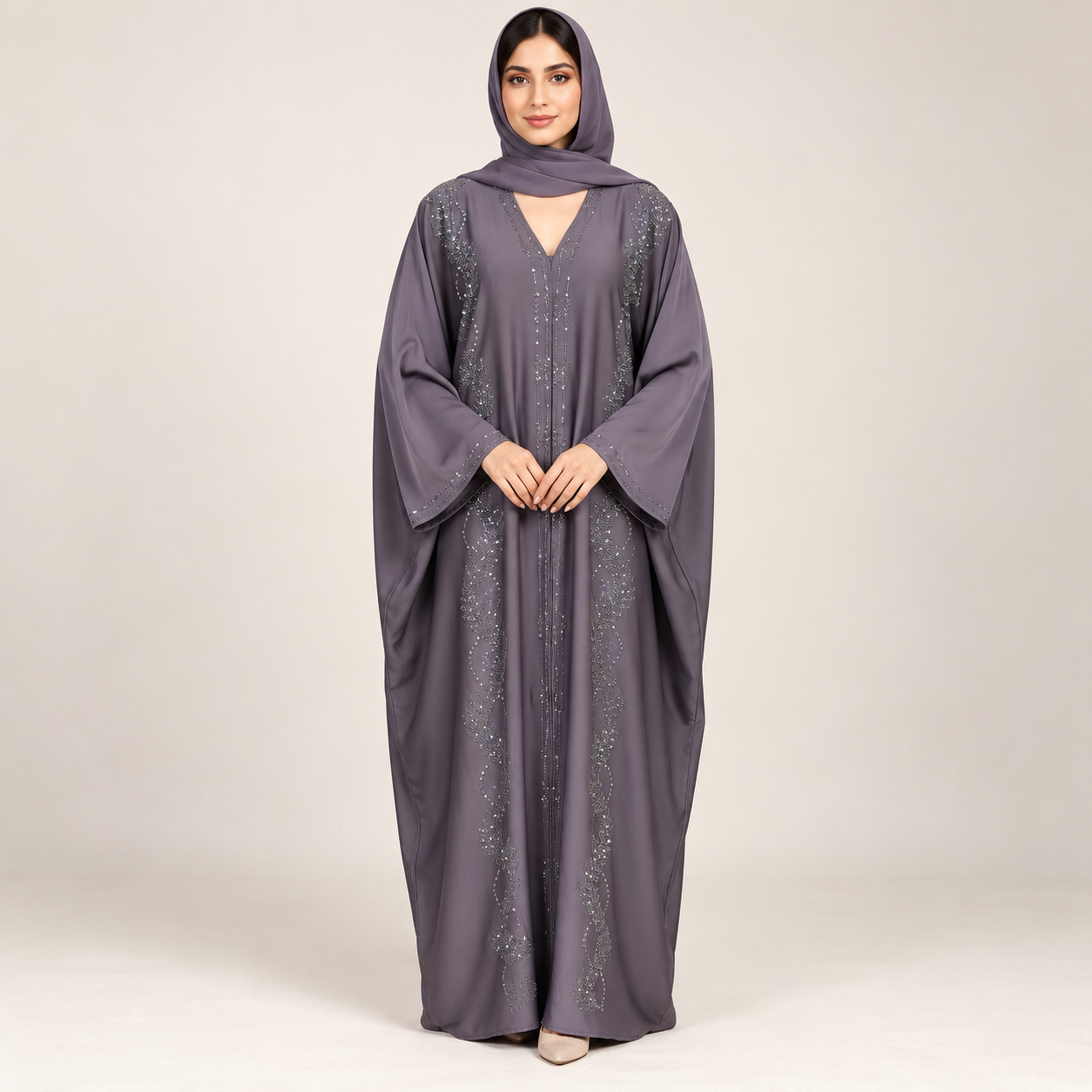 Slate Grey Butterfly Abaya with Sparkling Vertical Panels