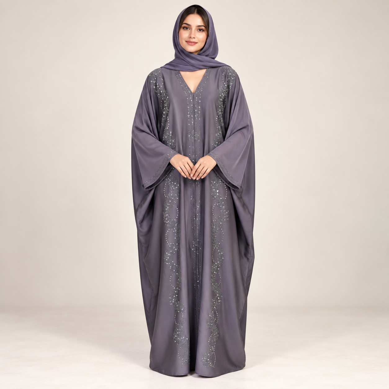 Slate Grey Butterfly Abaya with Sparkling Vertical Panels — view 3 of 4