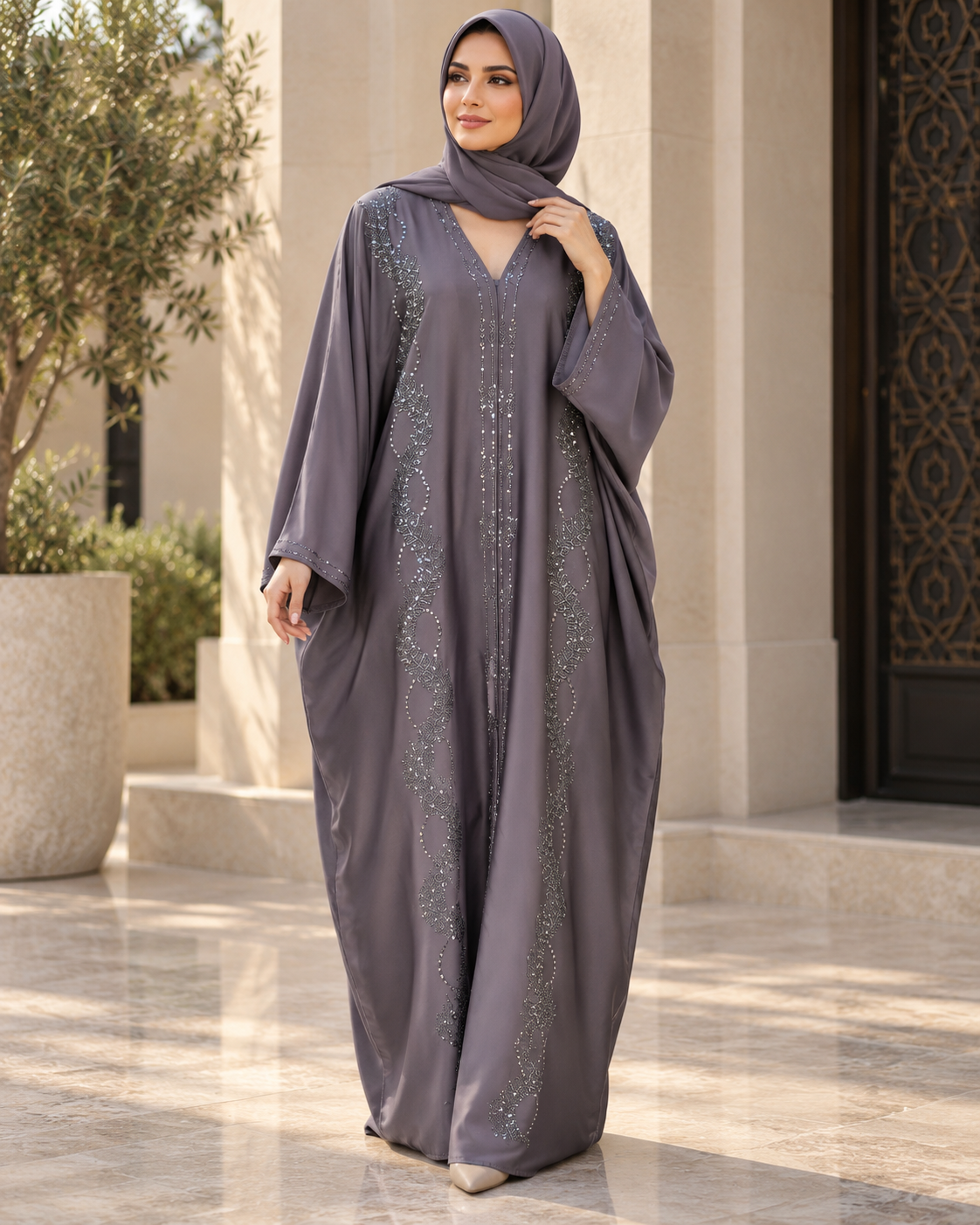 Slate Grey Butterfly Abaya with Sparkling Vertical Panels — view 4 of 4