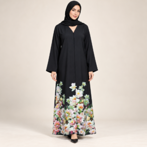 Black Abaya with Floral Print Hem