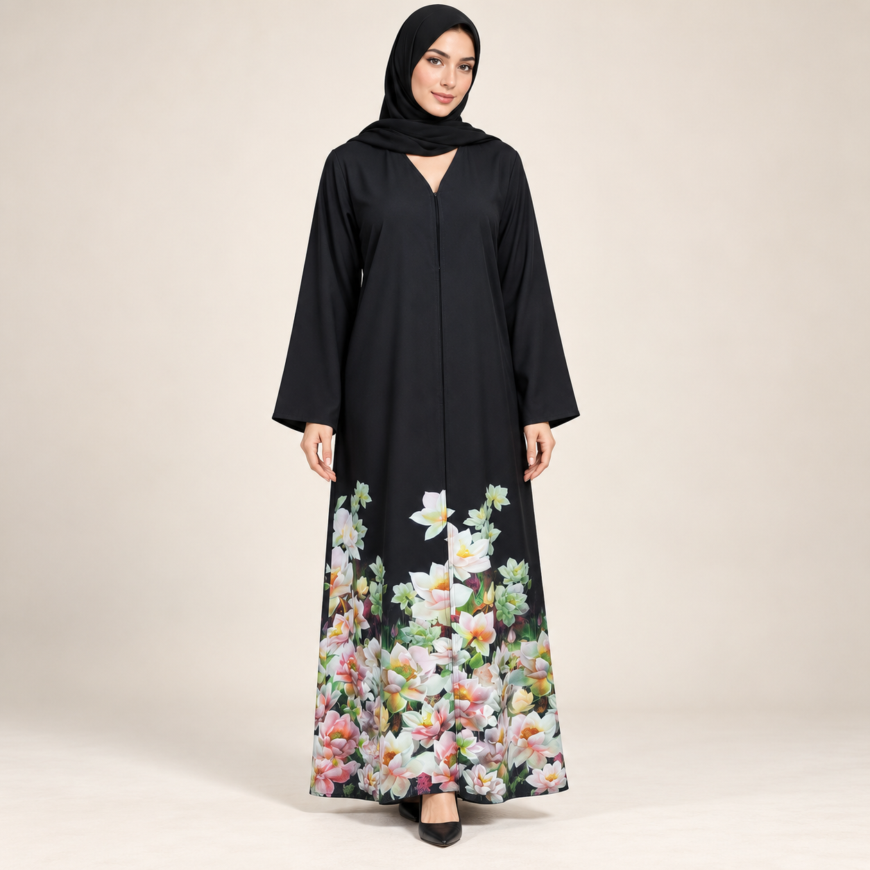 Black Abaya with Floral Print Hem