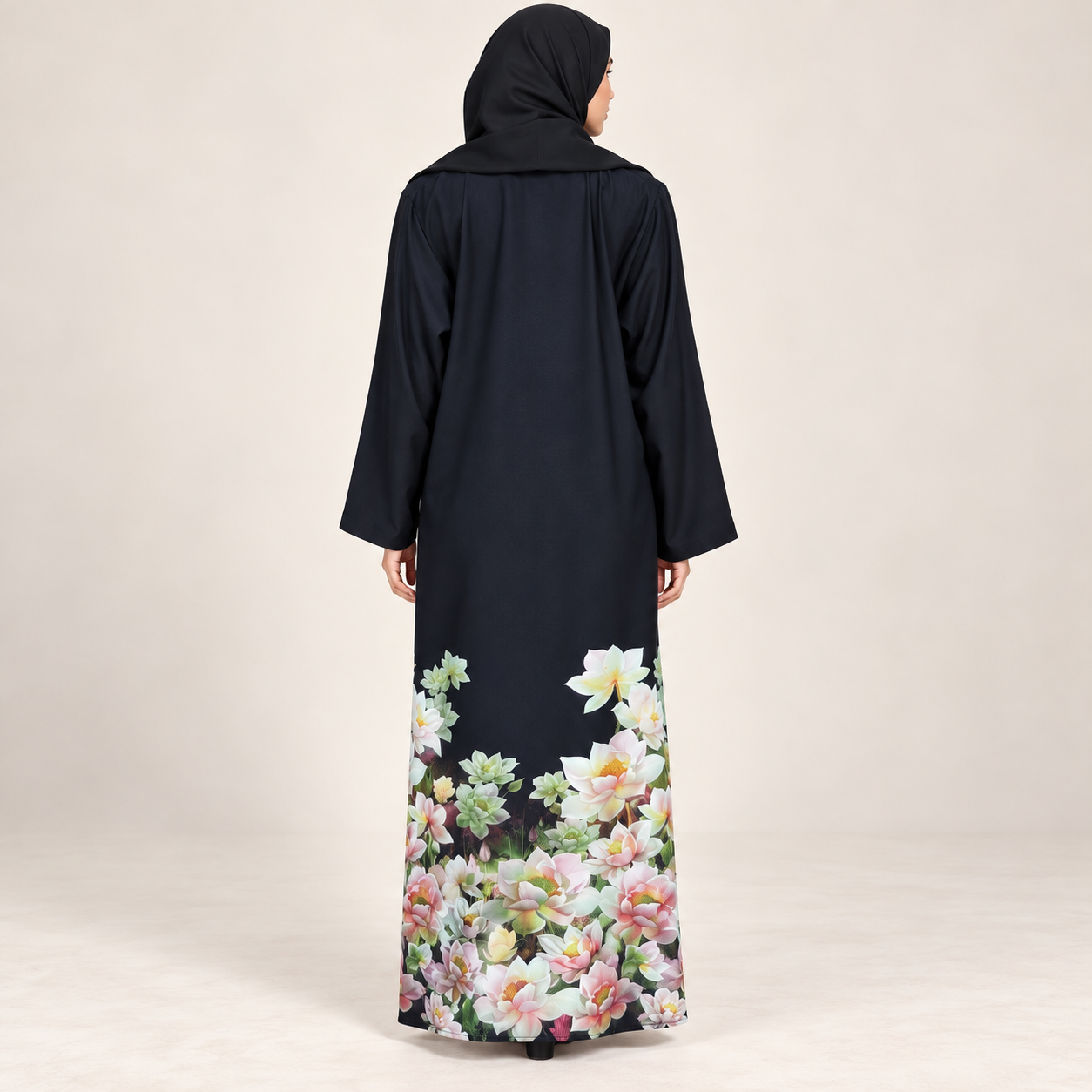 Black Abaya with Floral Print Hem — view 2 of 4