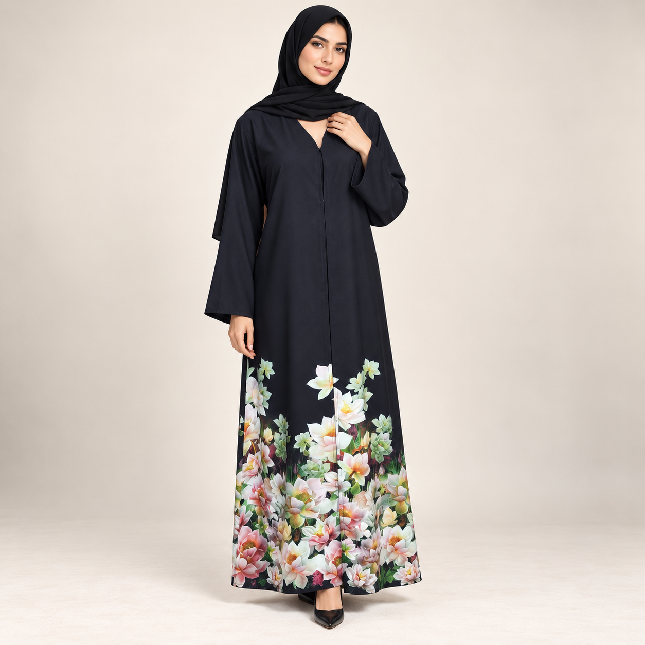 Black Abaya with Floral Print Hem — view 3 of 4