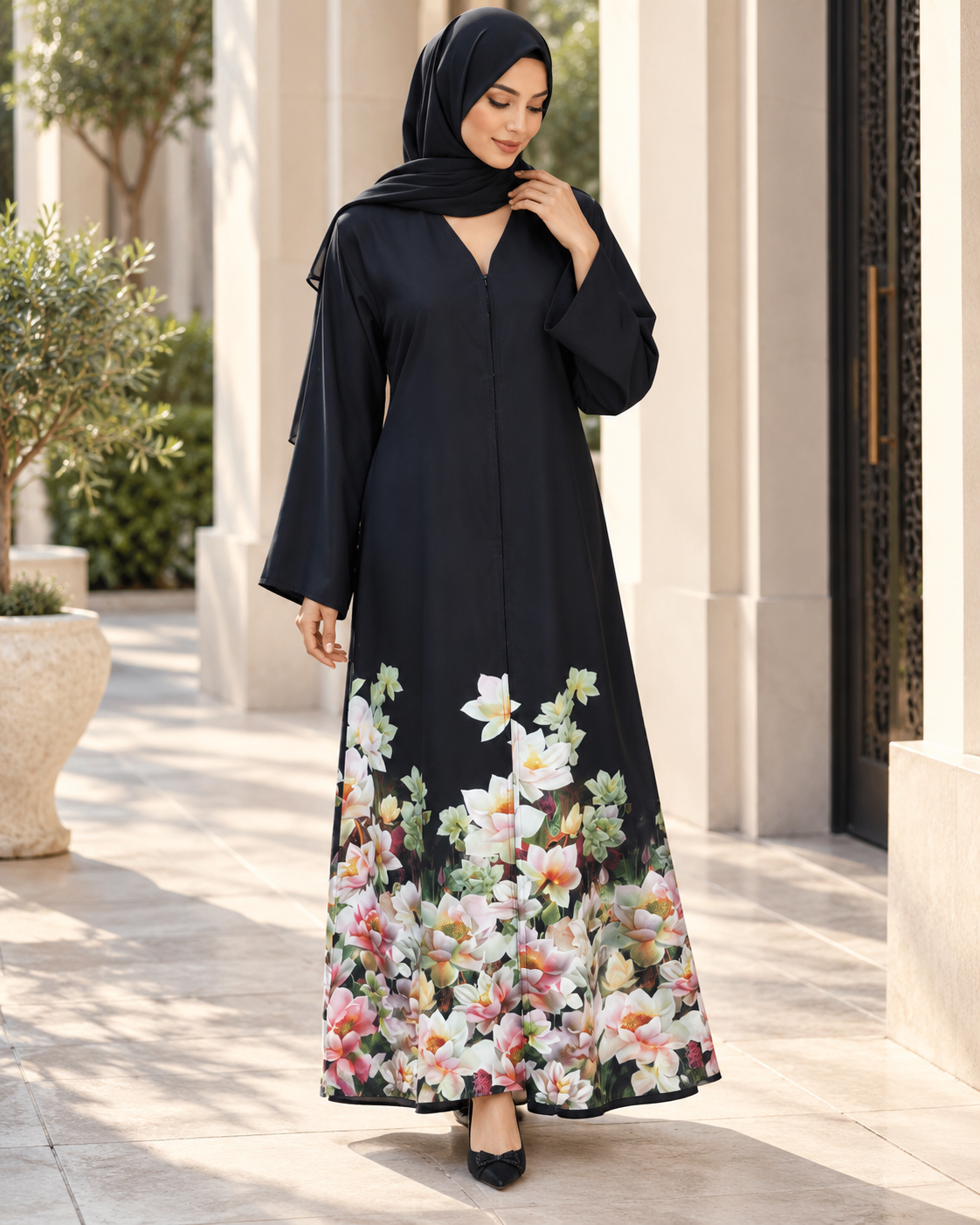 Black Abaya with Floral Print Hem — view 4 of 4