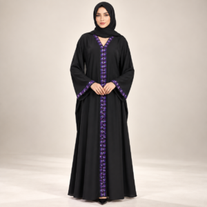 Black Abaya with Purple Floral-Beaded Front Band