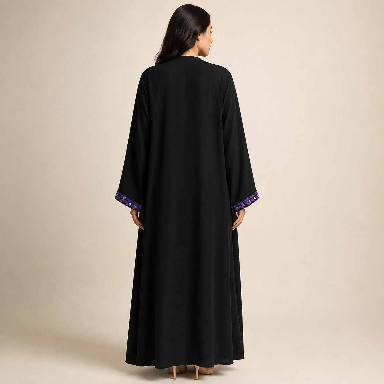 Black Abaya with Purple Floral-Beaded Front Band — view 2 of 5