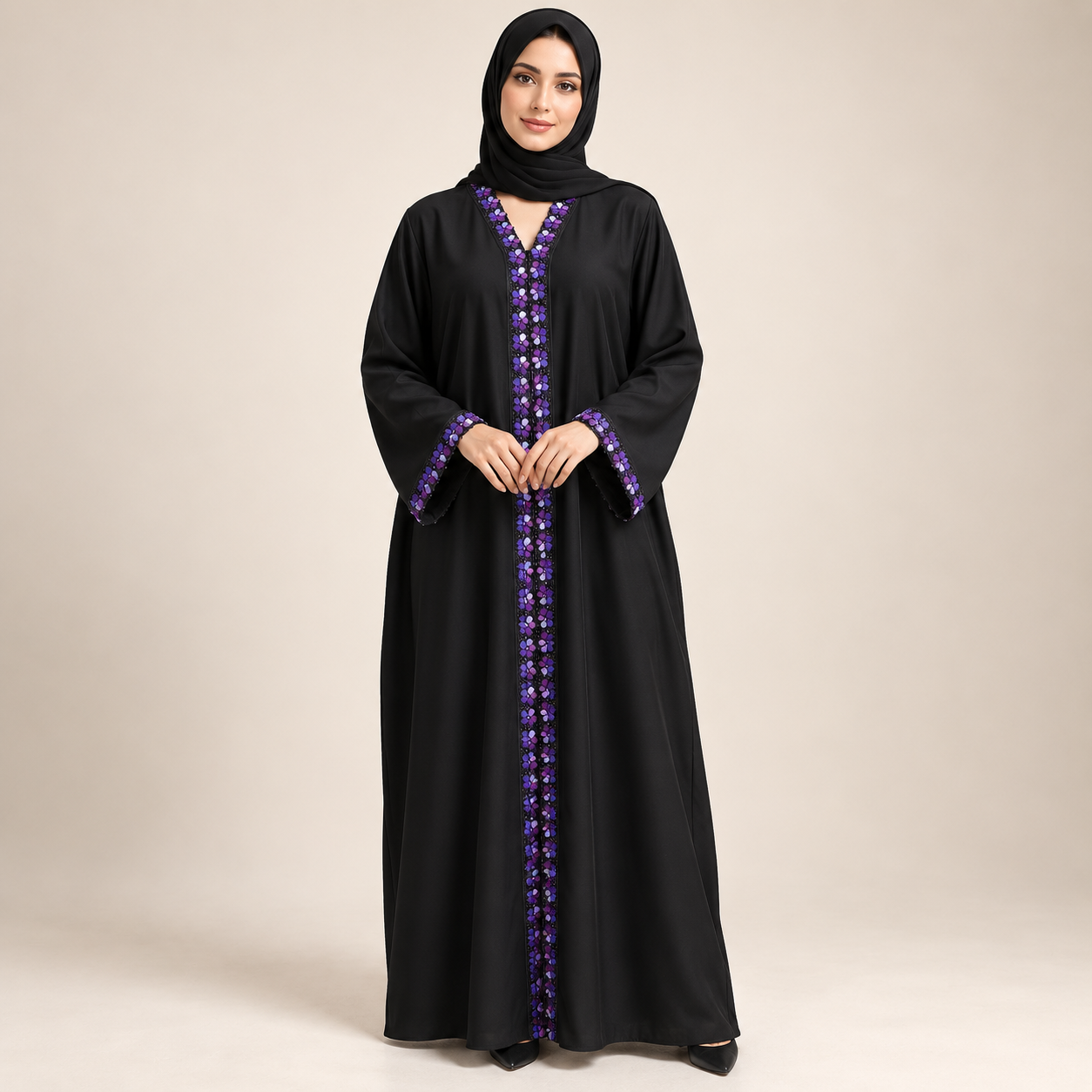 Black Abaya with Purple Floral-Beaded Front Band — view 3 of 5