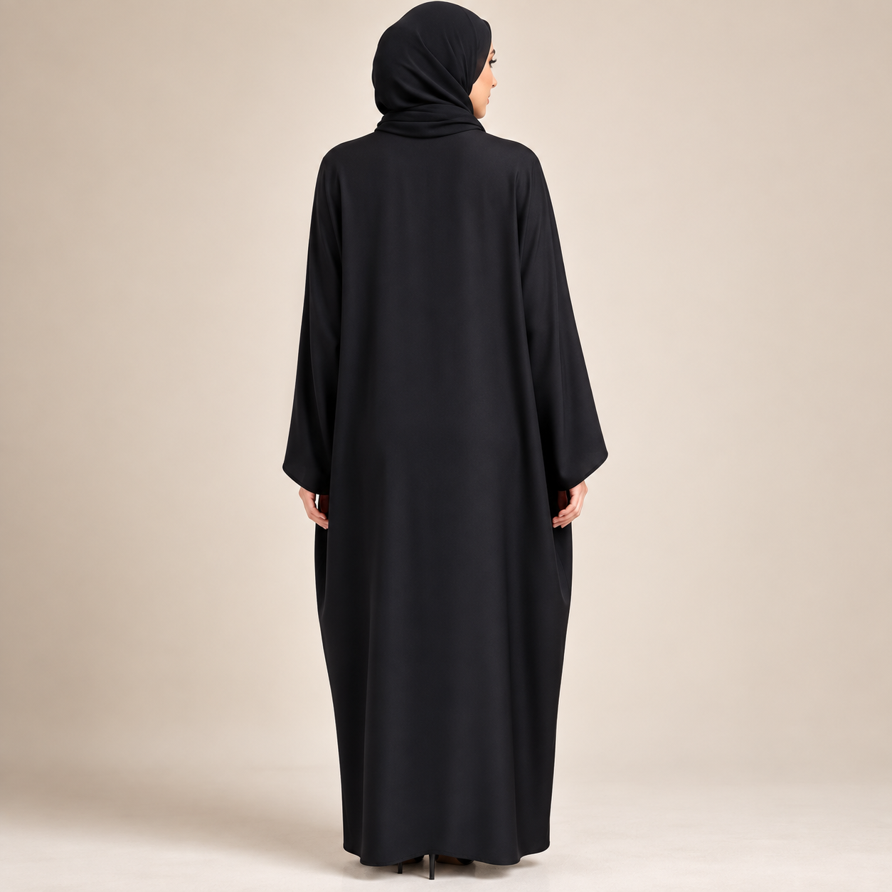 Black Abaya with Purple Floral-Beaded Front Band — view 4 of 5