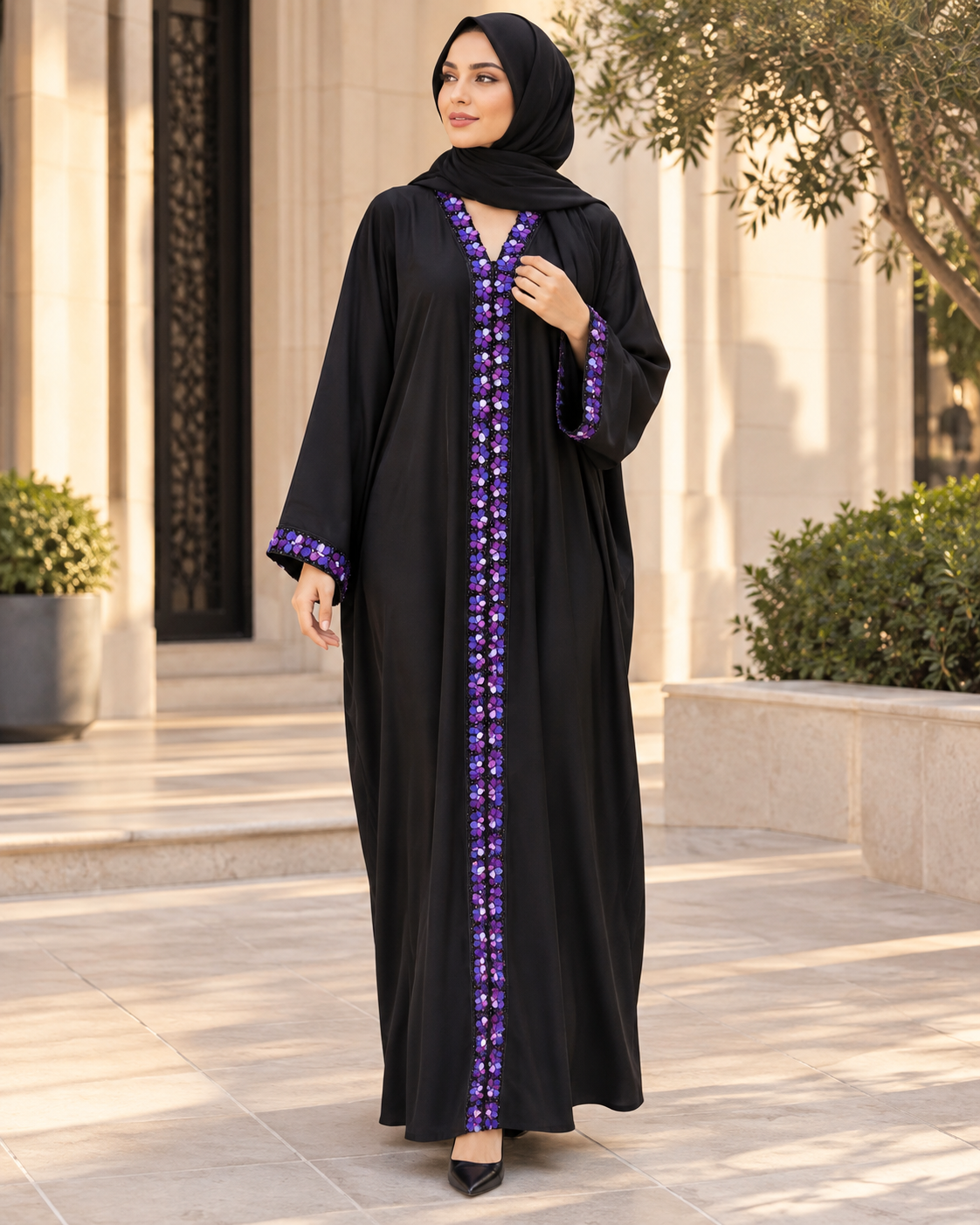 Black Abaya with Purple Floral-Beaded Front Band — view 5 of 5