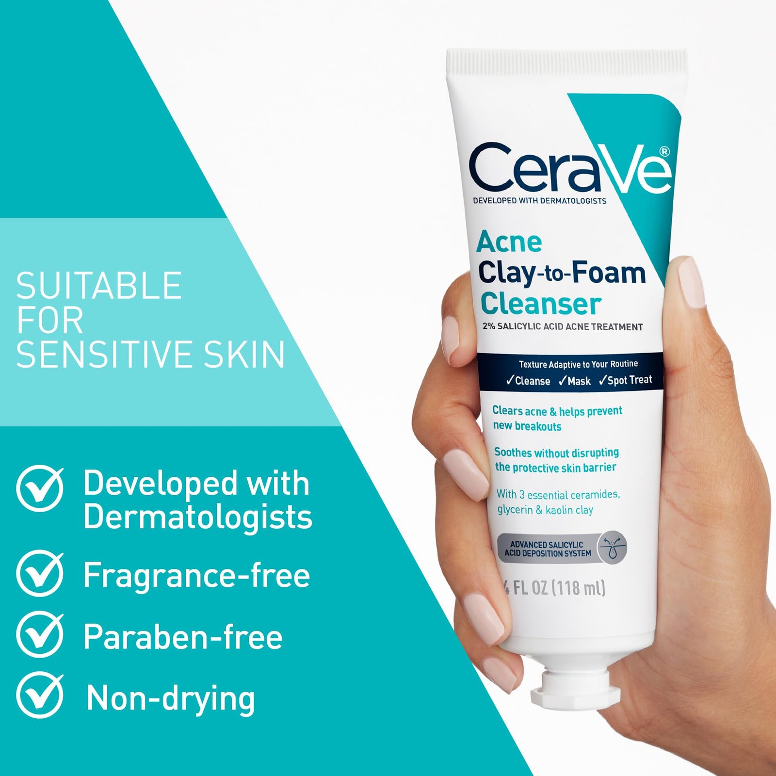 CeraVe Acne Clay-to-Foam Cleanser 118ml being applied