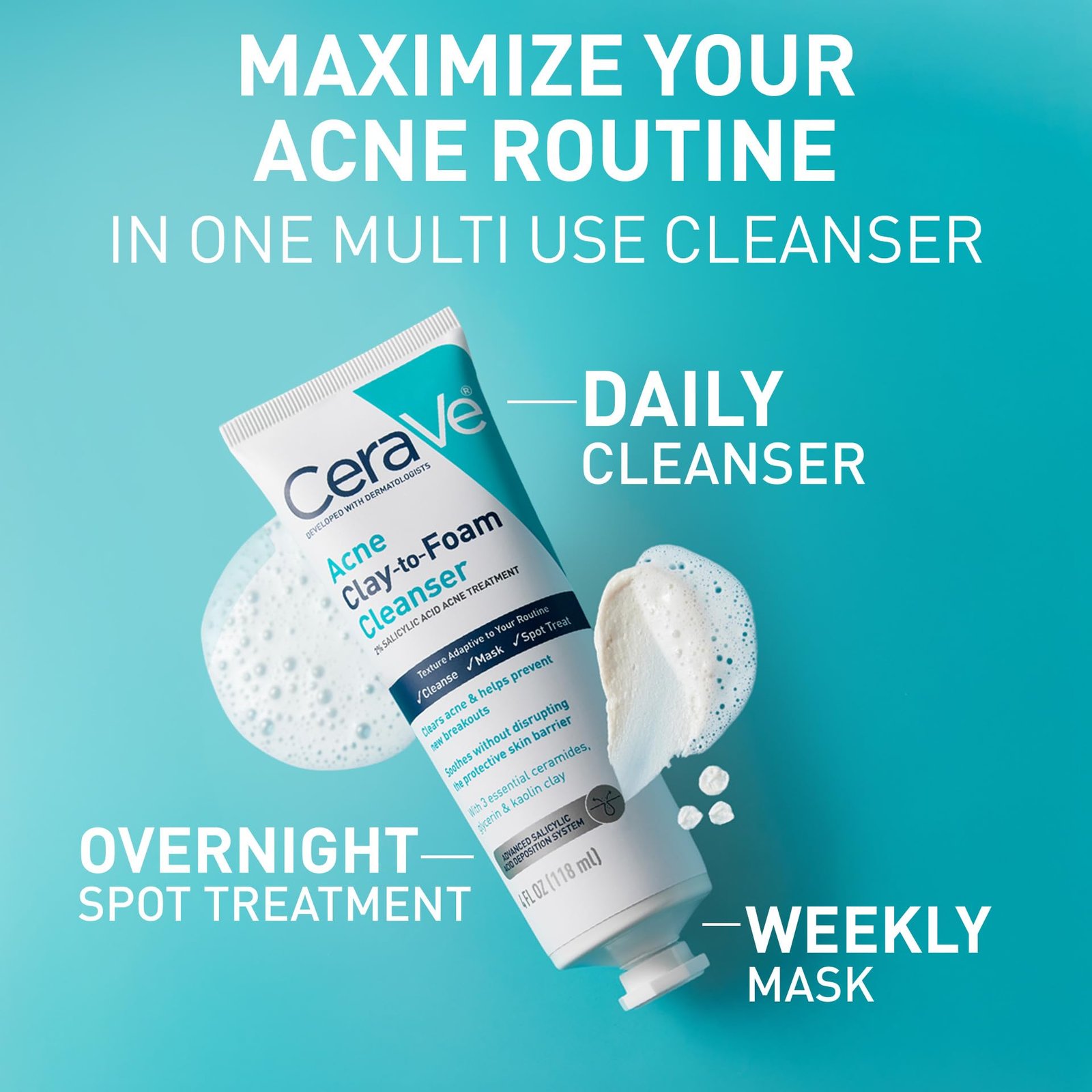 CeraVe Acne Clay-to-Foam Cleanser 118ml product benefits