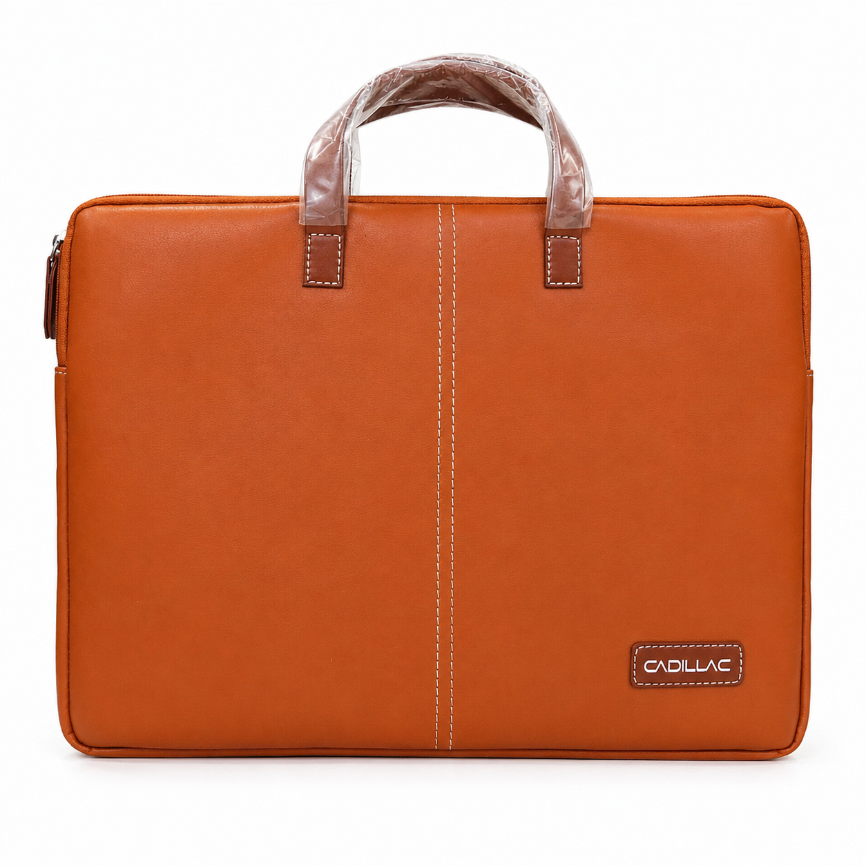 Tan faux leather slim laptop sleeve bag with twin carry handles, front view