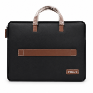 Black faux leather laptop briefcase with tan trim strap, front view