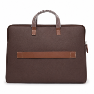 Dark brown faux leather laptop briefcase with tan trim strap, front view