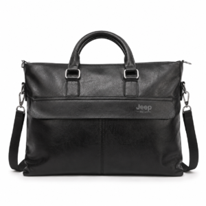 Black faux leather laptop briefcase with detachable shoulder strap, front view