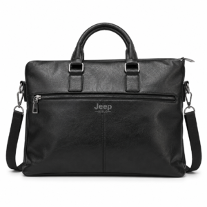 Black faux leather laptop briefcase with front zip pocket, front view