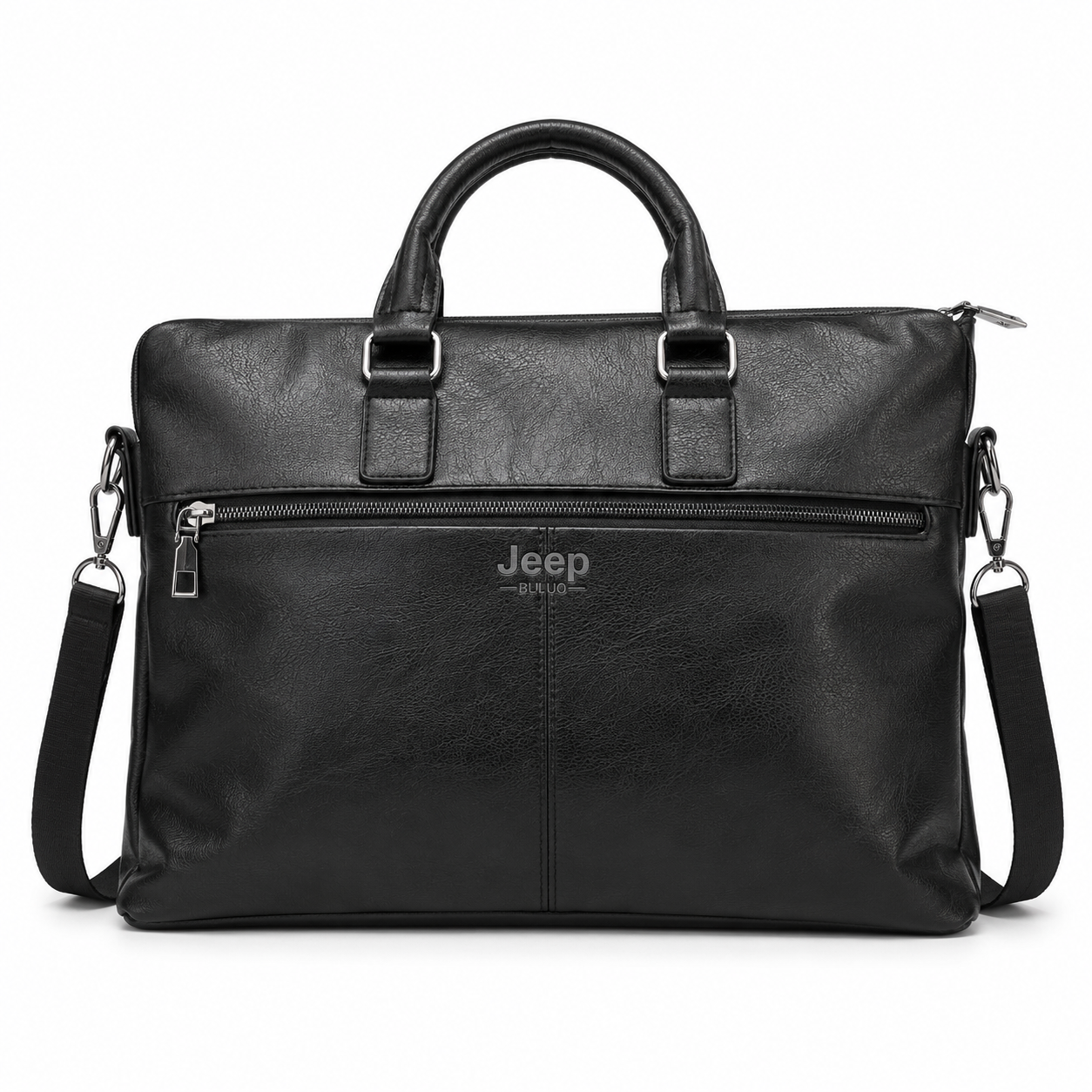 Black faux leather laptop briefcase with front zip pocket, front view