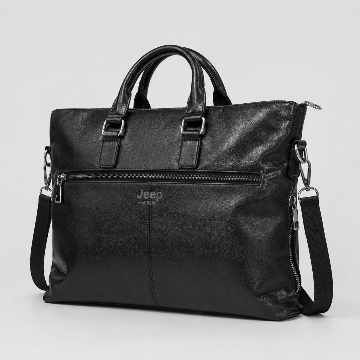 Black laptop briefcase angled view showing rolled handles and shoulder strap