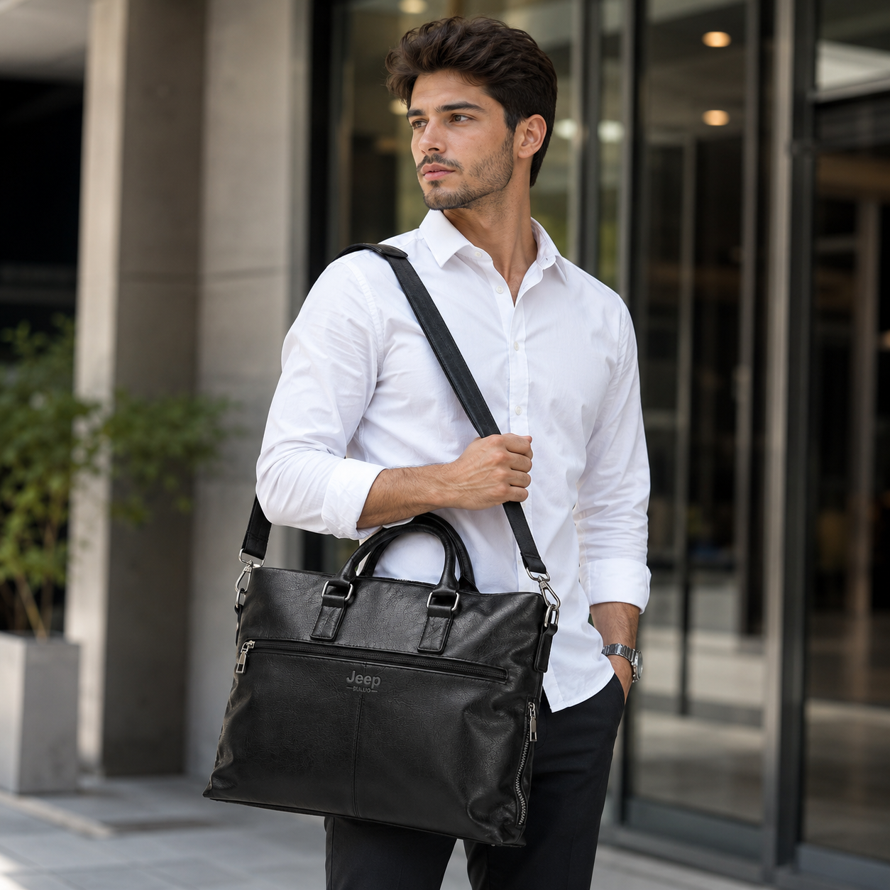 Black faux leather briefcase detail of front zip pocket