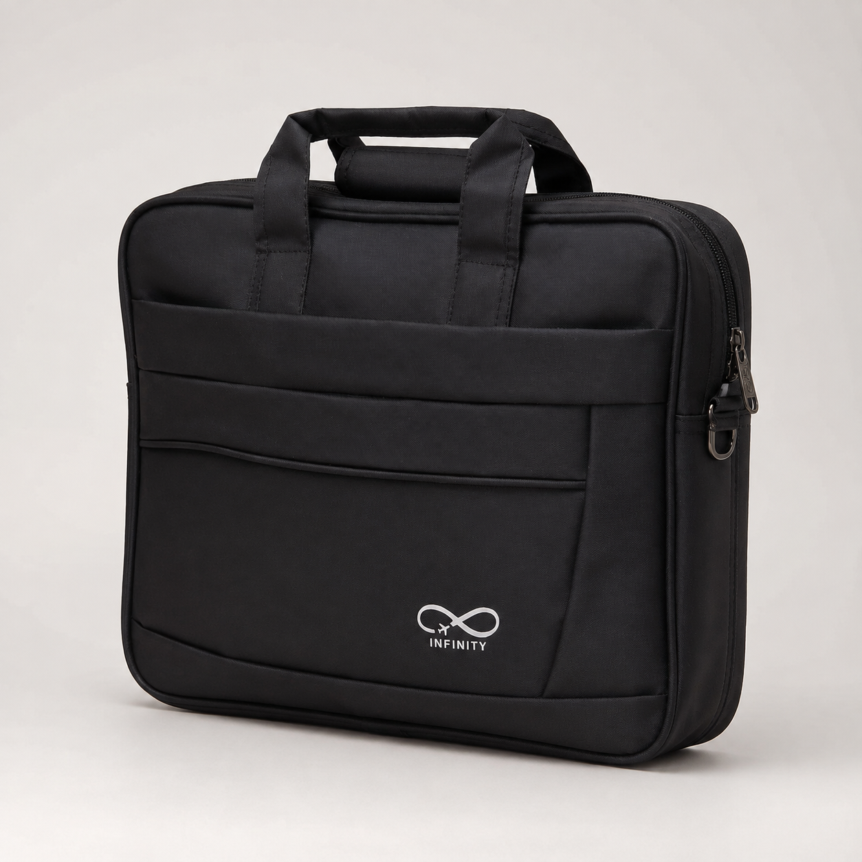 Black fabric laptop briefcase angled view showing side zip and pockets