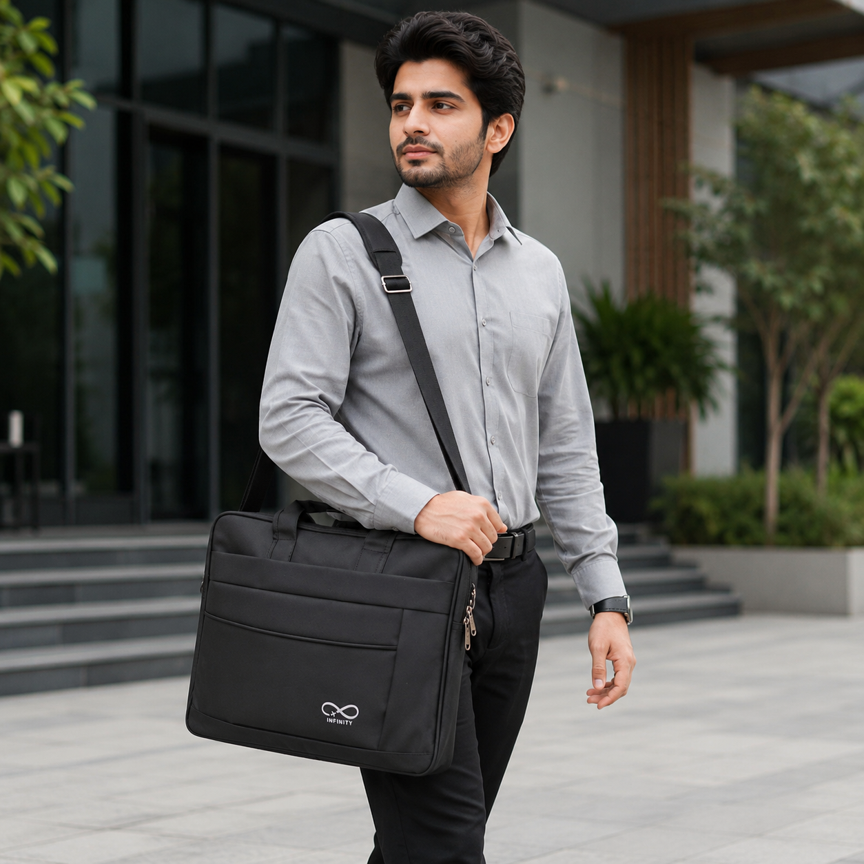 Black fabric laptop bag detail of webbing handles