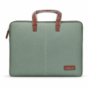 Sage green faux leather slim laptop sleeve bag with tan handles, front view