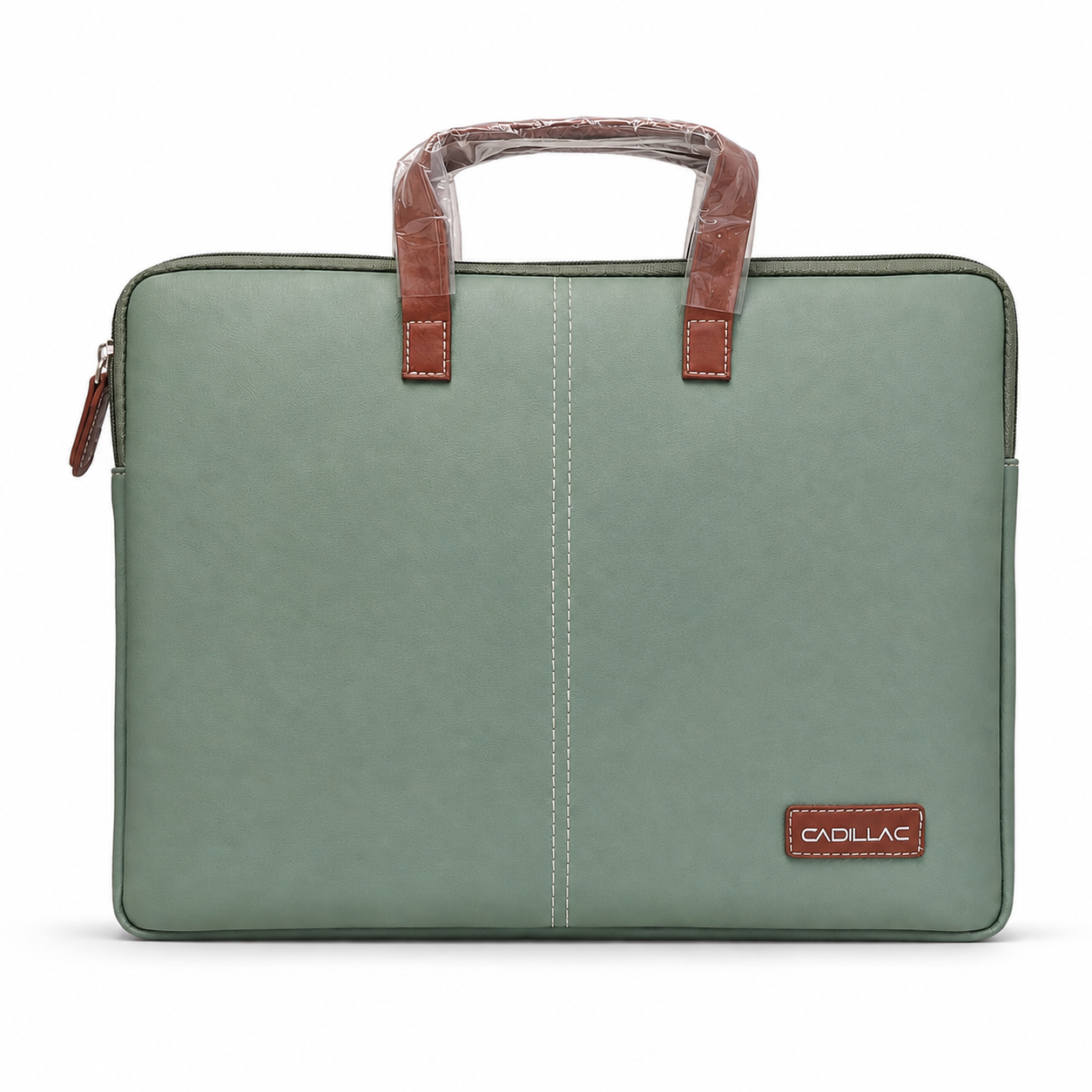 Sage green faux leather slim laptop sleeve bag with tan handles, front view