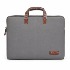 Grey faux leather slim laptop sleeve bag with tan handles, front view