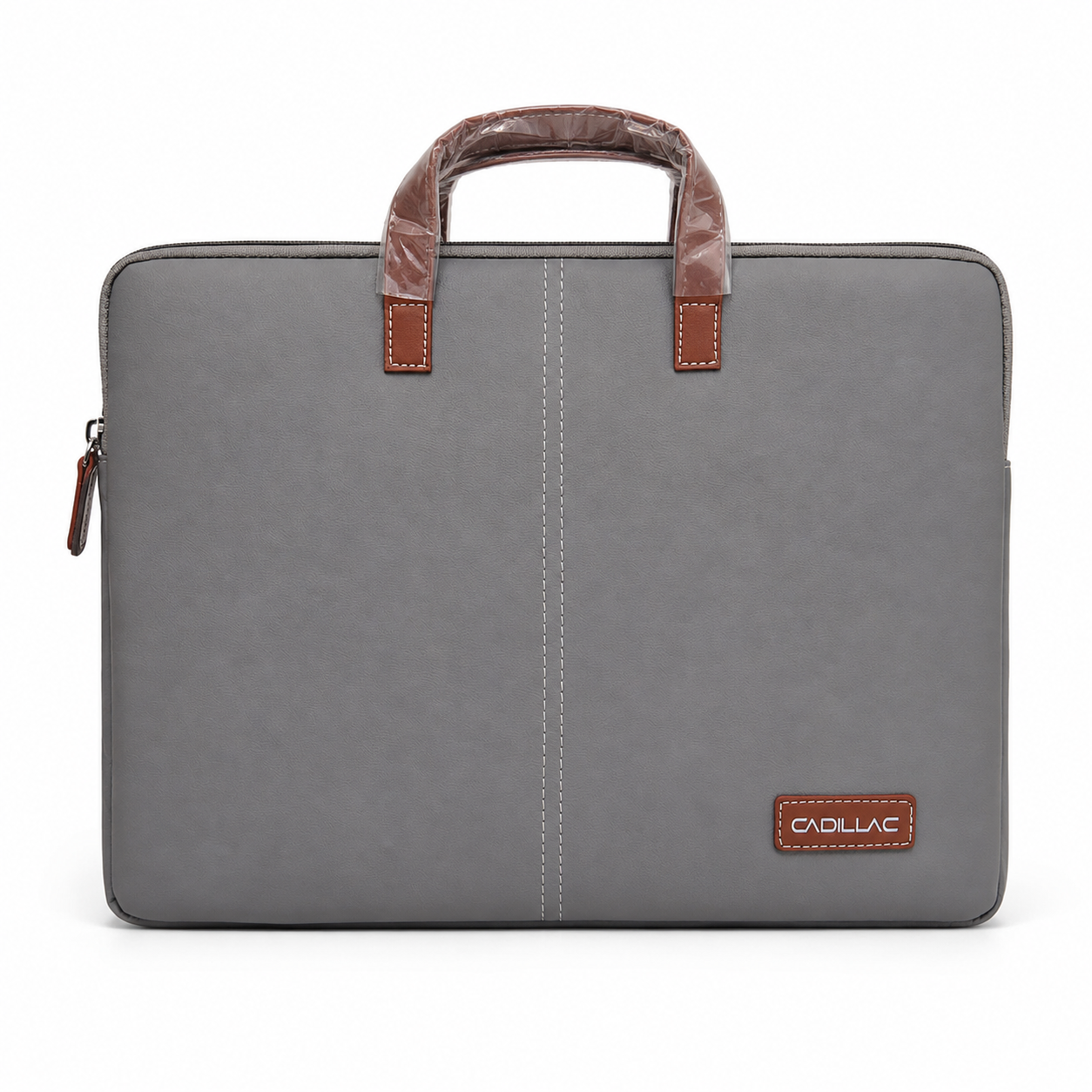 Grey faux leather slim laptop sleeve bag with tan handles, front view