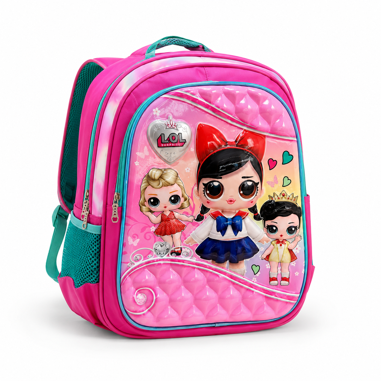 Pink girls' school backpack with raised doll print panel, front view