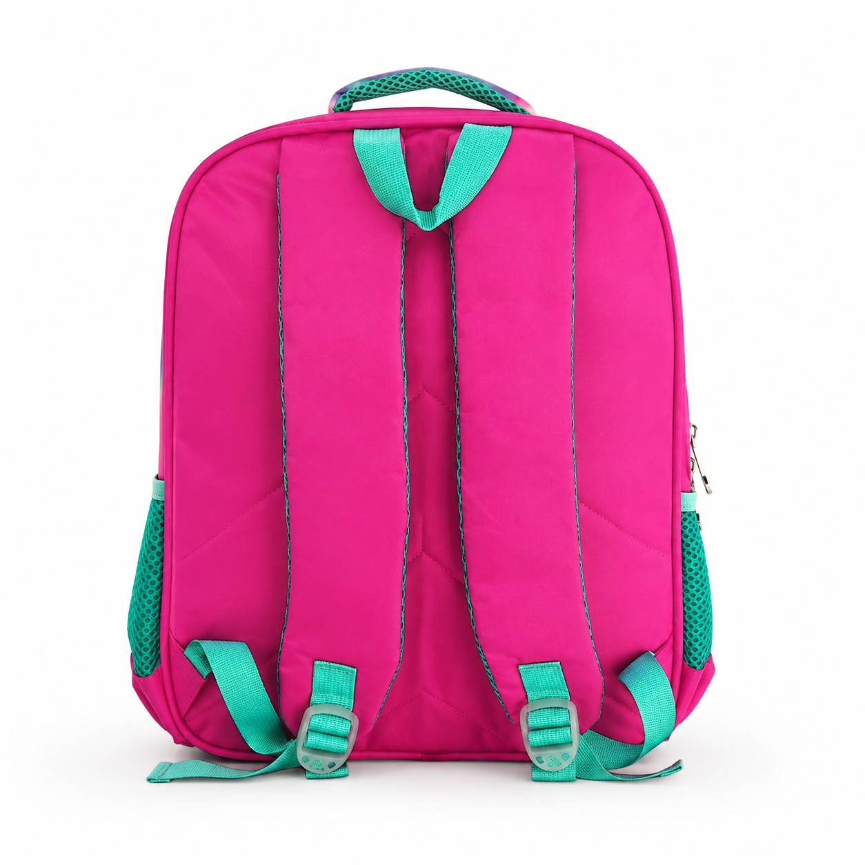 Pink kids school backpack side view showing mesh bottle pocket