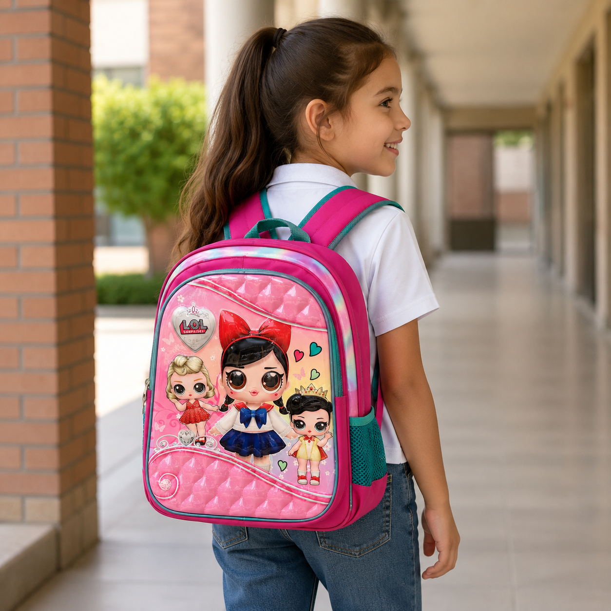 Pink school backpack detail of zip compartments