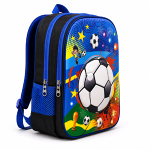 Blue and black boys school backpack with raised football print, front view