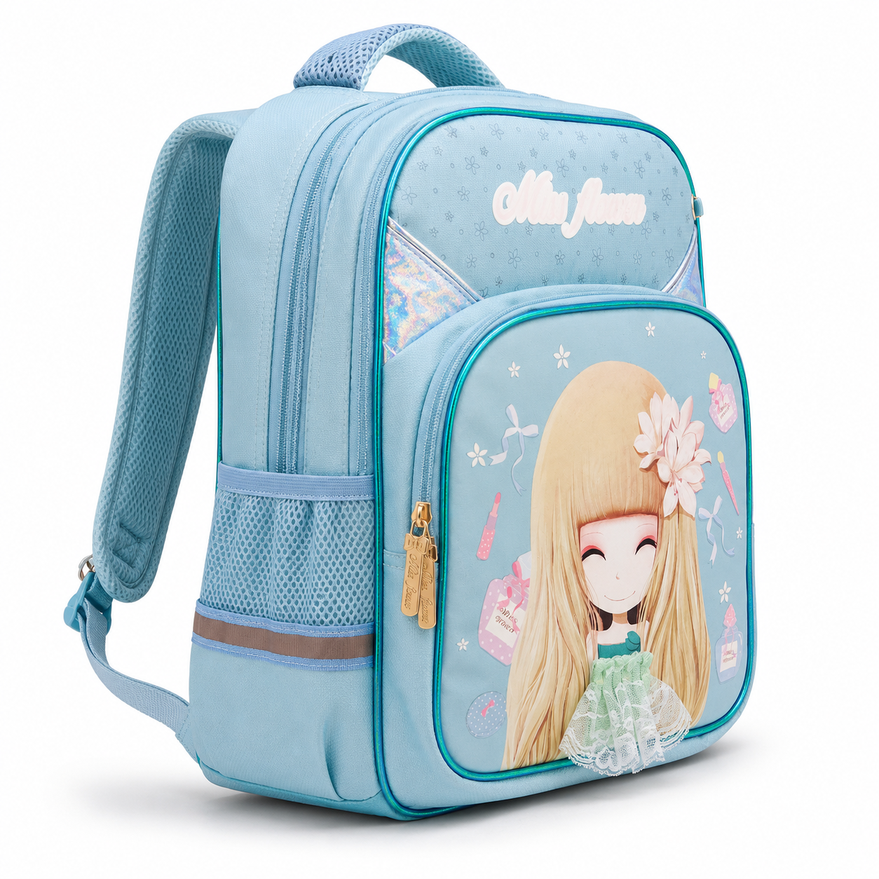 Light blue girls school backpack with doll print and lace trim, front view