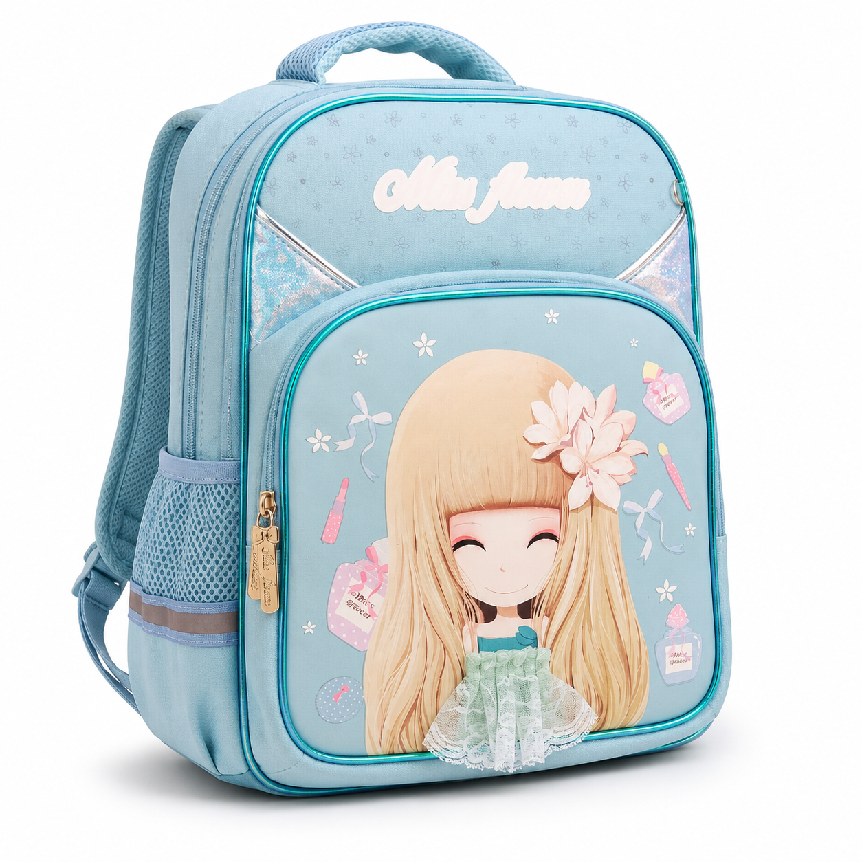 Light blue school backpack side view showing mesh pocket