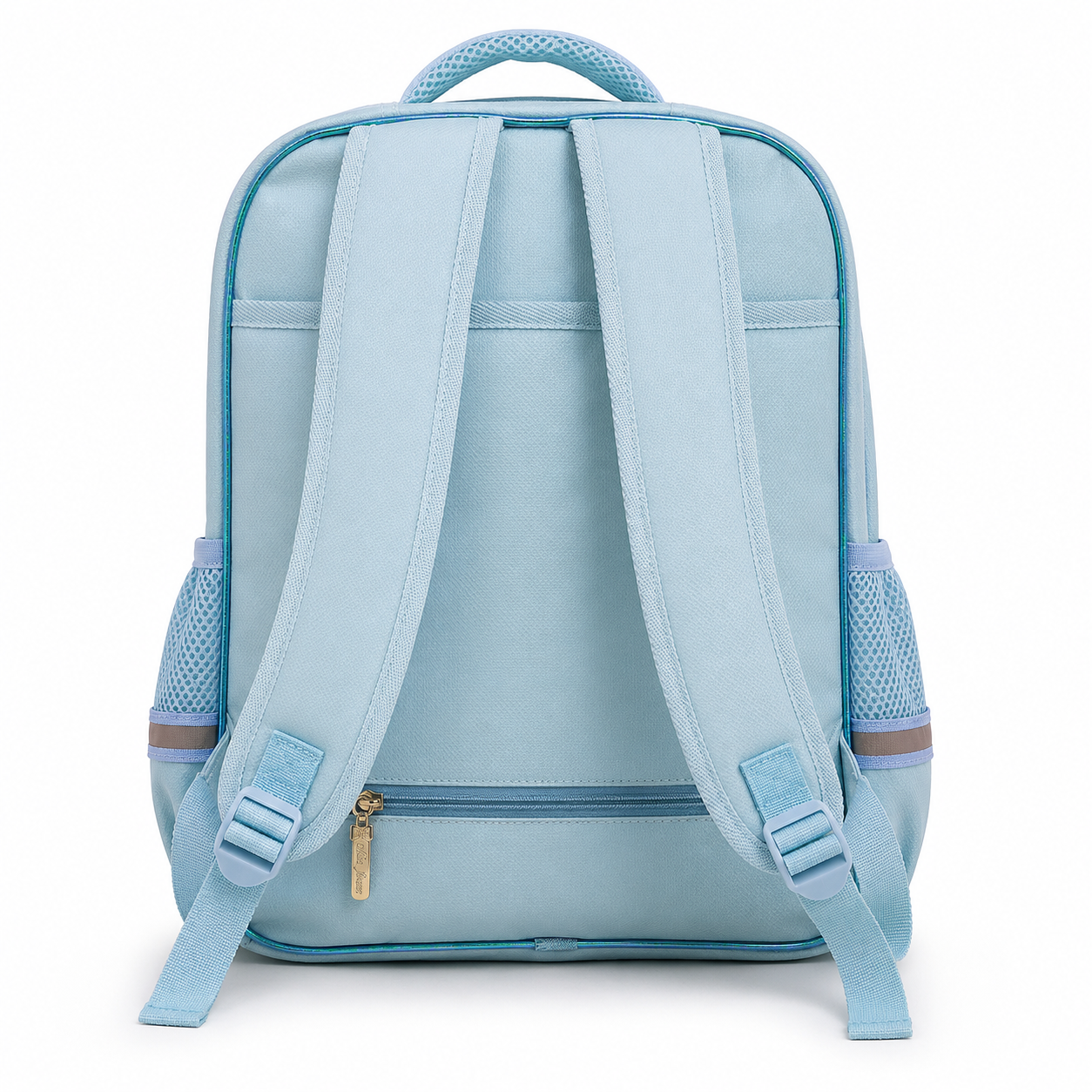 Light blue girls backpack showing zip compartments and metallic trim