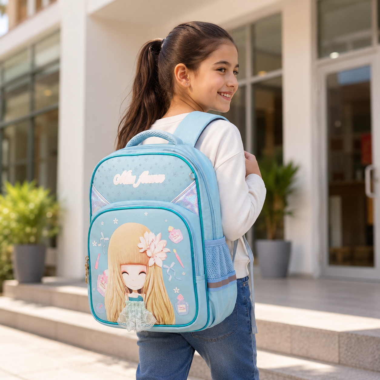 Light blue school bag detail of padded shoulder straps