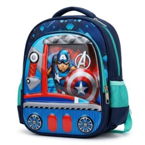 Navy kids school backpack with raised superhero vehicle print, front view