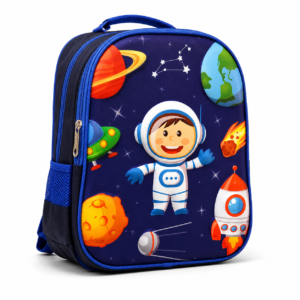 Navy kids school backpack with raised space adventure print, front view