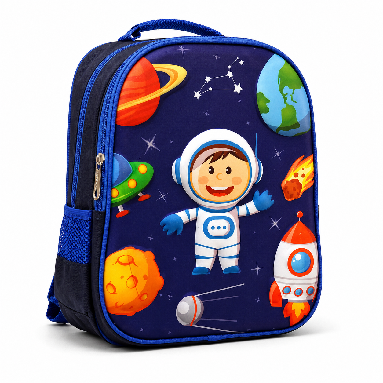 Navy kids school backpack with raised space adventure print, front view