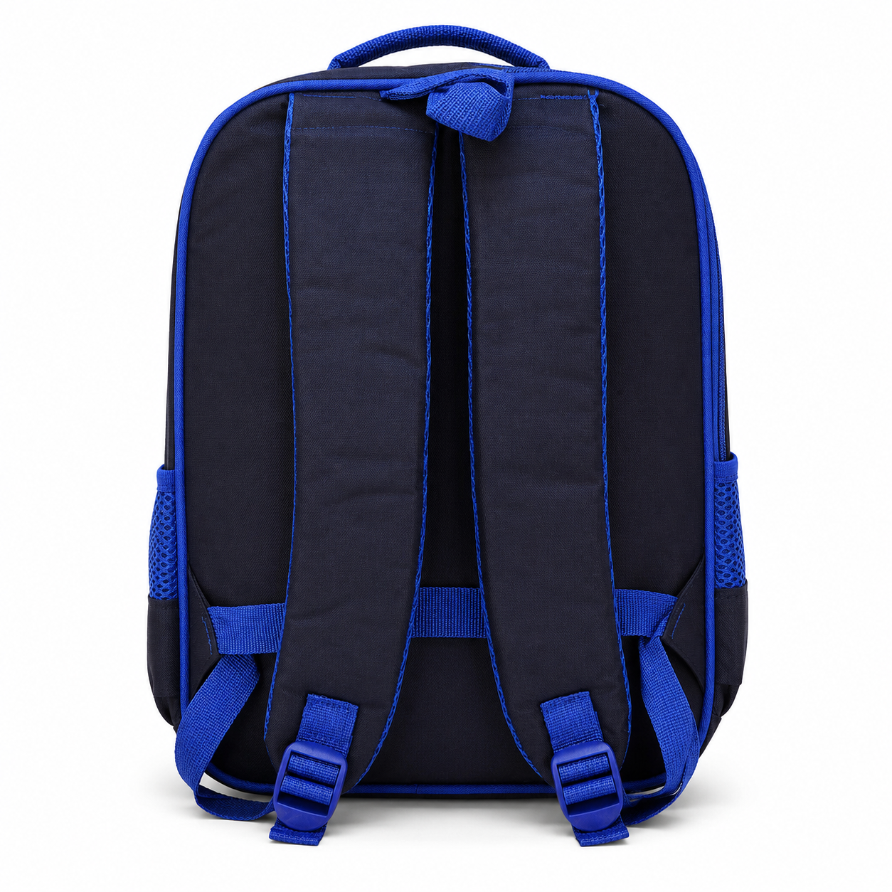 Navy space backpack side view showing mesh bottle pocket