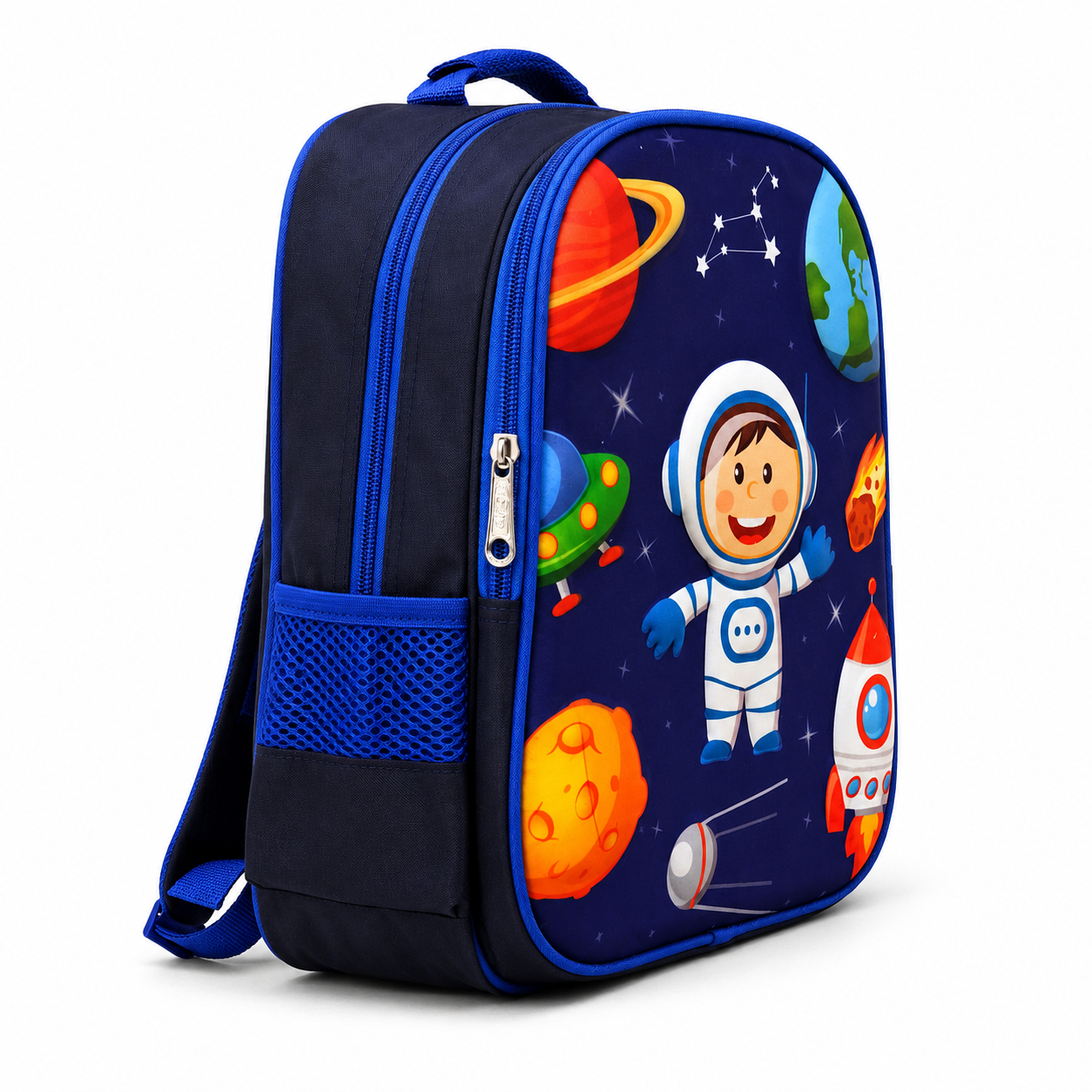 Navy compact kids backpack showing zip opening