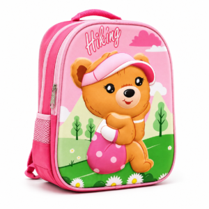 Pink kids school backpack with raised teddy bear print, front view