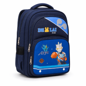Navy and blue boys school backpack with character print, front view