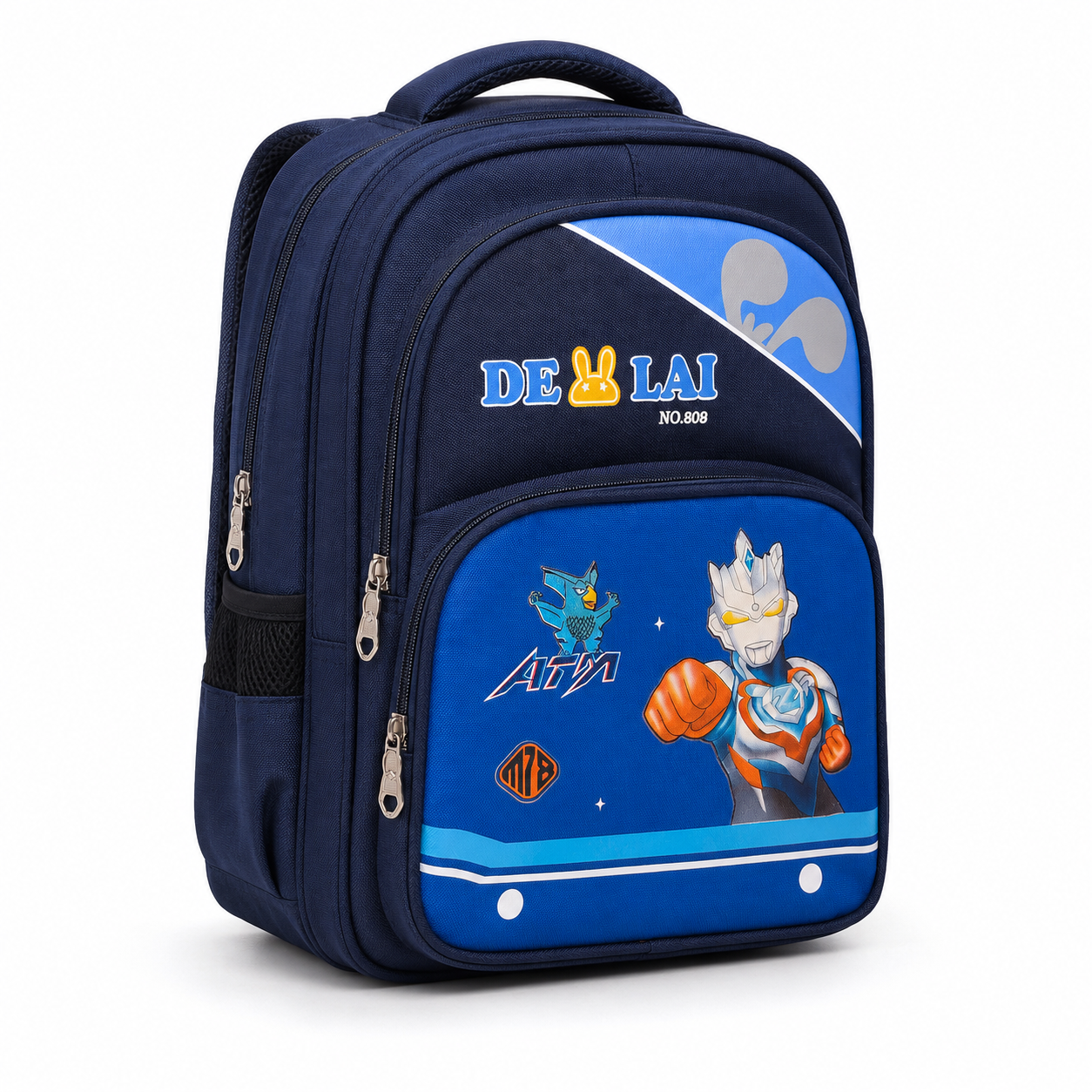Navy and blue boys school backpack with character print, front view