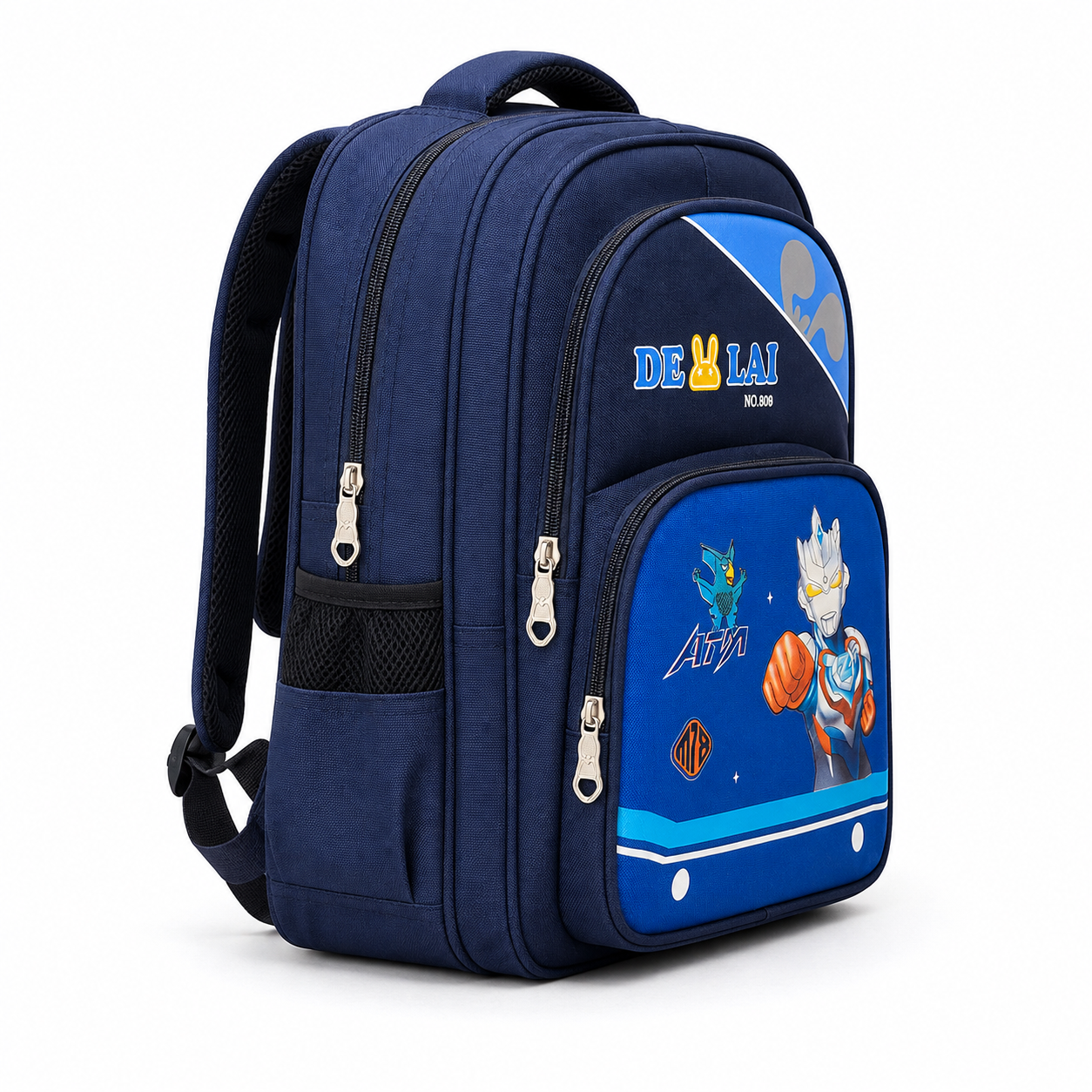 Navy blue backpack side view showing mesh bottle pocket