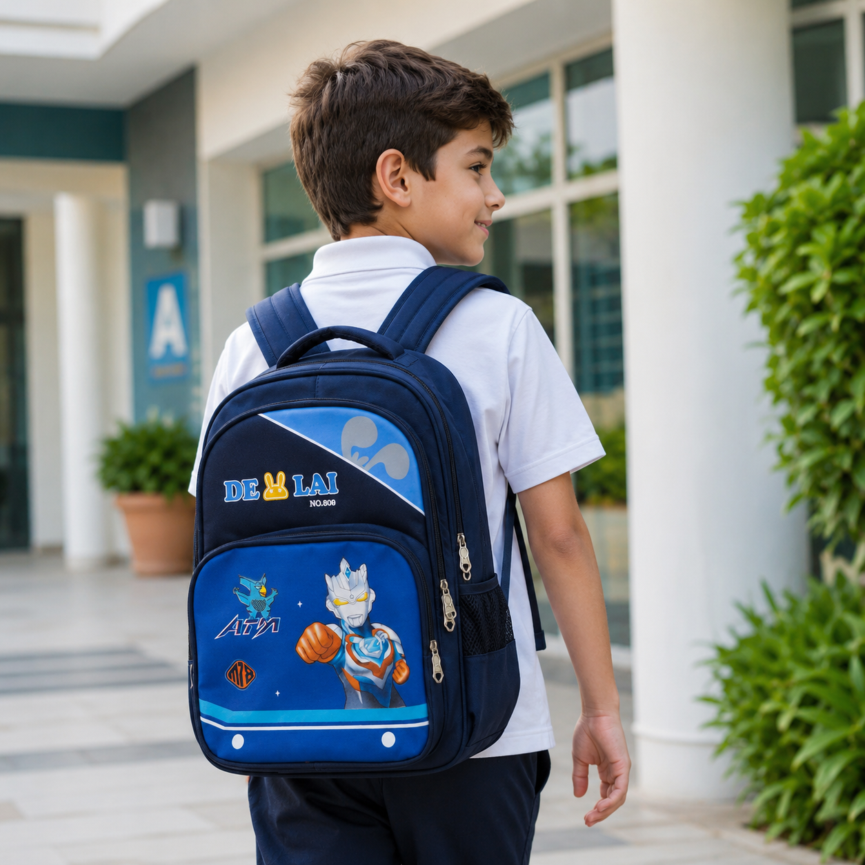 Navy boys school backpack showing multiple zip compartments
