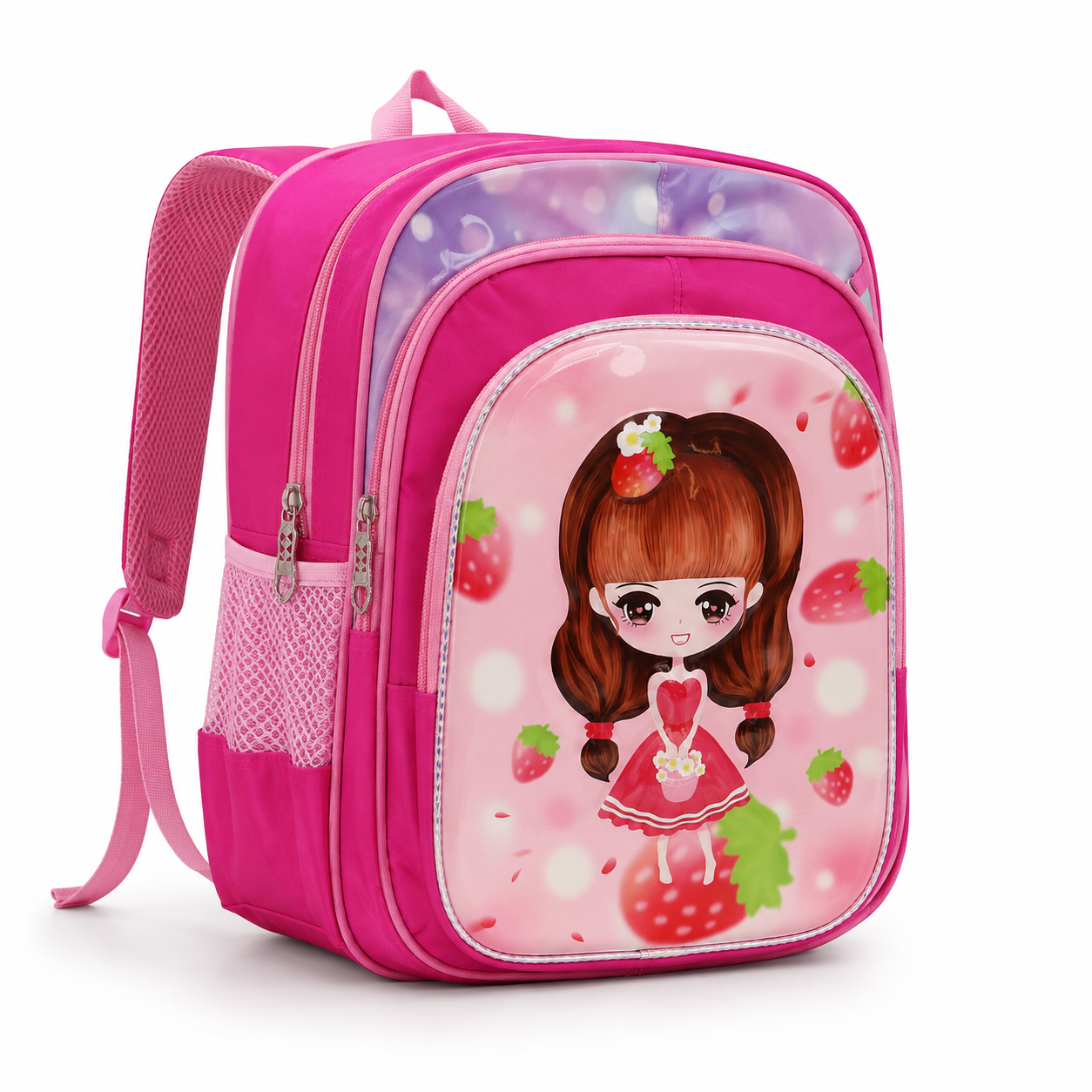 Pink girls' school backpack with strawberry girl print, front view