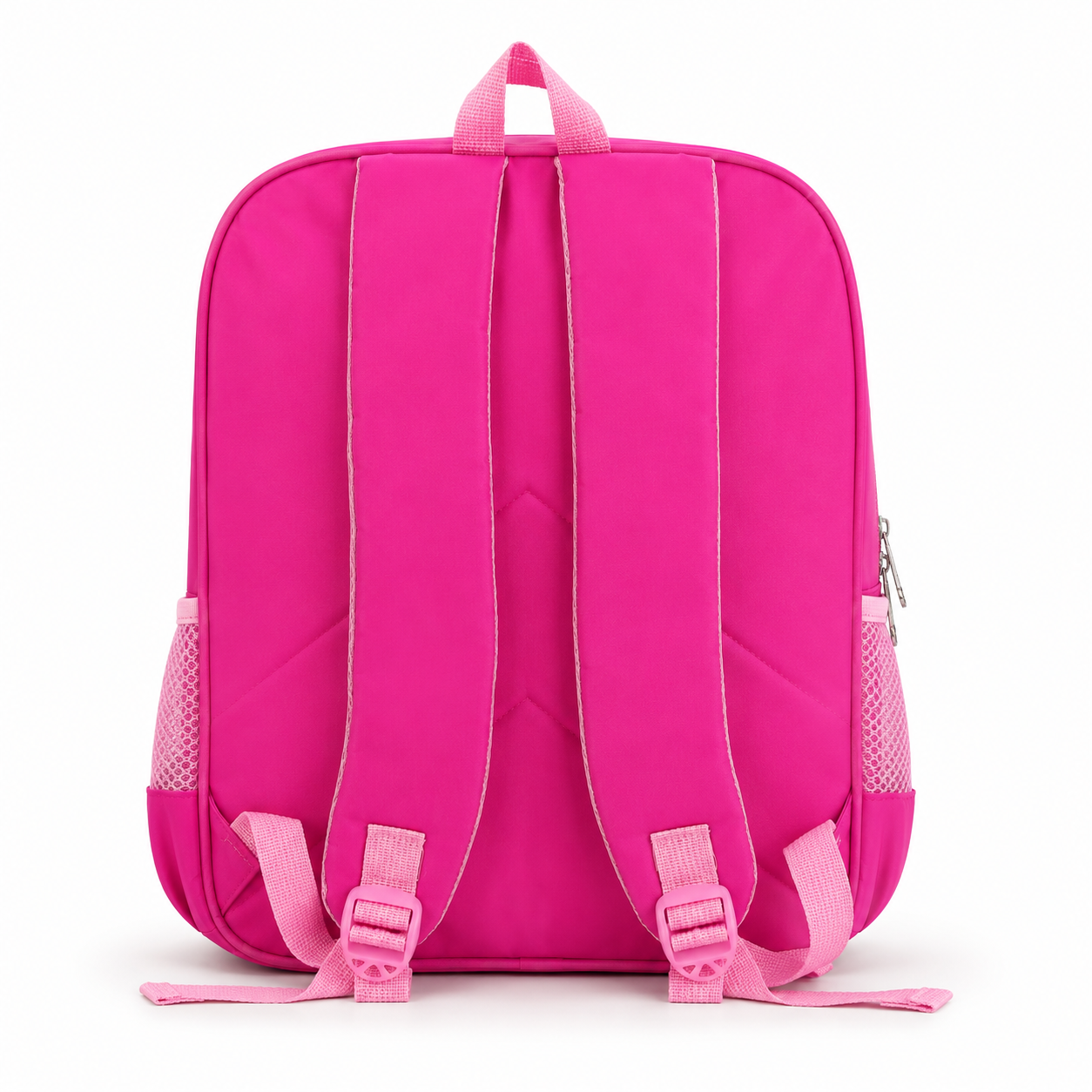 Pink school backpack side view with mesh bottle pocket
