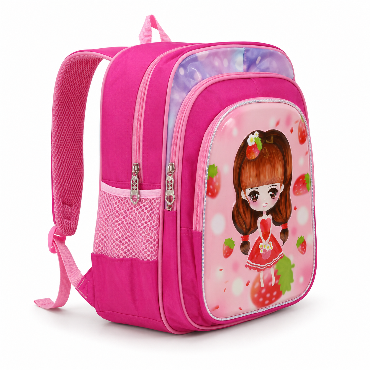 Pink kids backpack showing twin zip compartments